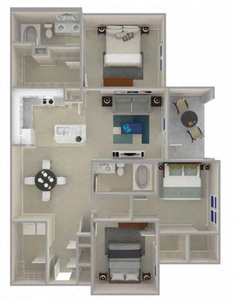 Floor plan for 3 beds, 2 baths, 1373 sqft